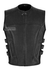 Men's Tactical Swat Biker Real Leather Black Vest with Dual Conceal Gun Pockets