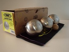 JUNIOR PETANQUE BOULE FOR LEISURE PLAY DINO OBUT SET OF THREE AND BAG NEW IN BOX