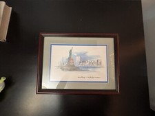 Vintage Mads Stage Statue Of Liberty New York City Framed Watercolor Print