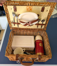 Vintage 1970s Optima British Wicker Picnic Basket Hamper Made in England Thermos