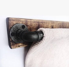 Towel Rail Rack Holder Bathroom Accessories Industrial Metal Steel Wooden Base