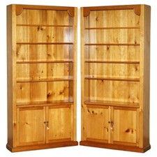 PAIR OF VINTAGE CHERRYWOOD OPEN LIBRARY BOOKCASES WITH LOCKABLE CUPBOARD BASES