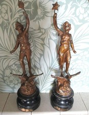 Antique 1890-1920 English Spelter Figures  - 'The Day' & 'The Night' Signed ASCO