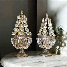 Antique Vintage Pair French Metal Crystals Empire style Table Lamps bedside 