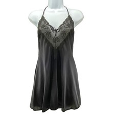 Vintage Lorraine Nightie Small Black Lace Sheer Halter V-Neck Short Satin 70s