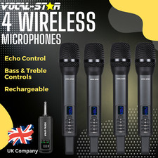 4 Wireless Microphone Rechargeable Cordless Handheld Echo, Bass, Treble controls