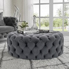 Large Grey Chesterfield Footstool Round Buttons Tufted Grey Velvet Sofa