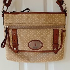 Fossil Beige Canvas Brown Leather Trim Maddox Crossbody Boho Bag EUC Very Clean