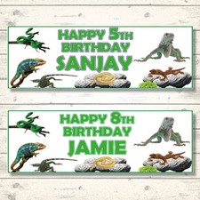 2 PERSONALISED 800 x 297mm REPTILE BIRTHDAY BANNERS - SNAKE LIZARD IGUANA 