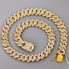 20 In Gold Iced Out Chain Necklace Cuban Link Quartz Rhinestone Unisex Jewellery