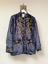 Vintage Black Crushed Velvet Jacket Blazer Size Small 80s 90s Gold Embroidery