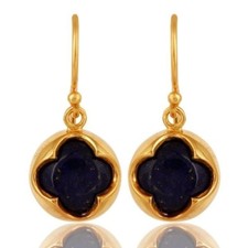 Lapis Lazuli Gemstone 925 Silver Gold Plated Flower Design Earrings Jewelry