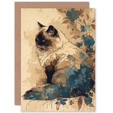 Ragdoll Cat Floral Pattern Watercolour Birthday Blank Greeting Card & Envelope
