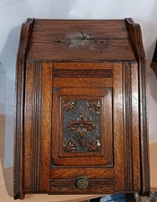 Antique Victorian Coal Box Scuttle Fireside Oak Wooden Brass Trims Handle