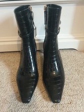 BLACK MOCK CROC ANKLE BOOTS