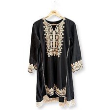 Ladies Black Beige Embroidered Knee Length Kurti Tunic Dress Size M, 12-14