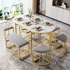 Dining Table and Chairs Set 6 Stools Kitchen Table with Metal Frame Space Saving
