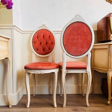 Pair of Wooden Chairs, Queen Anne Style, Vintage Shabby White and Pink Velvet 