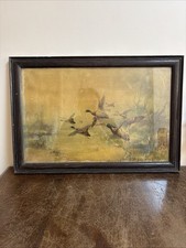 Vintage Framed Duck Hunting Print – Signed Wildlife Art, Flying Mallards Scene