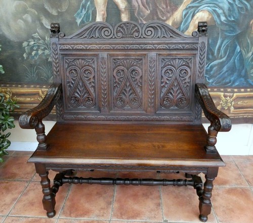 Settle country oak carved suit - settle,