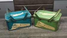 Pair (2) 1930s Retro Blue & Green Tin Lunch Boxes Transportation Lithos RARE!!!