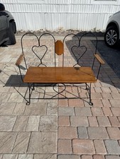 Vintage Wrought Iron Heart Bench Wood Seat Rustic Farmhouse Patio Chair 