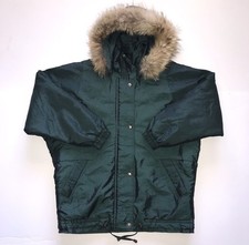 VTG Towne London Fog Faux Fur Hooded Parka Jacket Womens S Green Detachable Hood