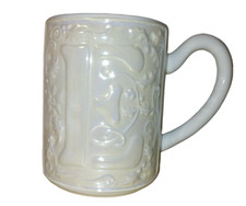 Alphabet Letter “E” Opalescent White Floral Ceramic Coffee Mug Cup By  Ganz 