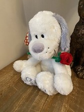 Cuddle Crew White Fluffy Dog Holding Red Rose Soft Toy 12” Grey Ears Nose & Tail