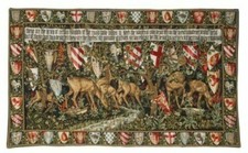 WM MORRIS COATS OF ARMS SHIELDS OF ROUND TABLE KNIGHTS WALL HANGING, ROD SLEEVE