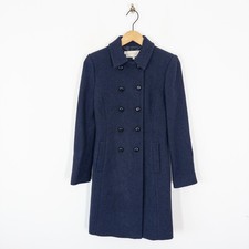 Hobbs Navy Pure Wool Long Overcoat Size 8 Double Breasted Pockets Tweed