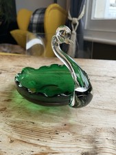 Vintage Murano Green Glass Swan Trinket Dish Ornament Italian Hand Blown