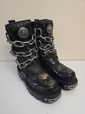 New Rock Reactor Skull Chain Spikes Leather Chunky Mid Calf Boots UK7 EU41 Goth