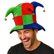 Adult Jester Hat | Red, Green & Blue Party Hat with Bells Fancy Dress Accessory