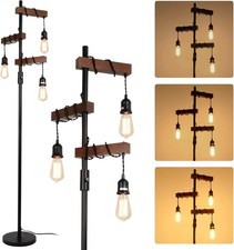 Industrial Dimmable Floor Lamps, Farmhouse 3-Lights Wooden Standing Lamp, Vintag