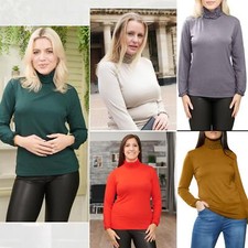Womens Ladies Long Sleeve Frill Ruffles High Neck Polo Stretch Jumper Tops