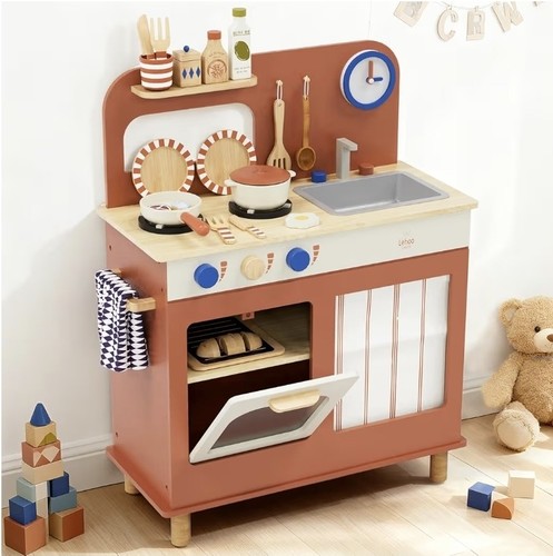 Wooden play kitchen set - wooden, pots