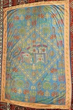 Vintage Antique Indian Gujarati Bed Throw Embroidery Tapestry, 218x146cm