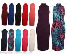 NEW WOMENS TURTLE NECK POLO  SLEEVELESS LADIES BODYCON MIDI DRESS  