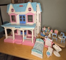 Fisher-Price Fold-Out Dollhouse 1993 Furniture Figures Bundle Mum, Dad, Twins
