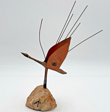 Brutalist Metal Swan Goose Sculpture on Rock (marble) Base MCM Mid Century Vtg