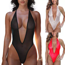 Women Sexy Sheer One Piece Thong Swimsuit for Plunging See Thru Monokin Bodysuit