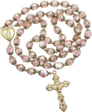 Nazareth Store Catholic Pink Crystal Beads Gold Rosary Flowers Beaded Necklace