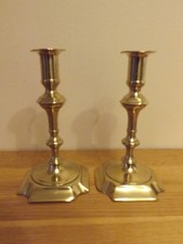 Later Pair Of  Georgian Style Cut Corner Knop Stem Brass Candlesticks