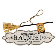 Home Sweet Haunted Home Halloween Witches Broom Hang Sign Wall Door Decoration 