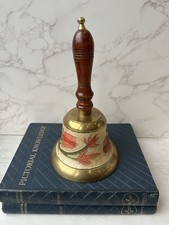 Vintage Brass Bell with Wooden Handle Dinner School Service Bell Floral 21cm
