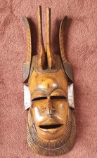 Vtg Large African Face Mask Congo wood hand carved horned fine detail Excellent