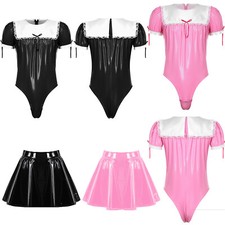 Men's Wet Look PVC Leather French Maid Costume Sissy Leotard Bodysuit and Skirts
