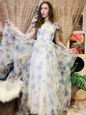 Vintage 1980s Fairycore Dress Layered Floral Maxi Prom Ball Gown Size 8 White
