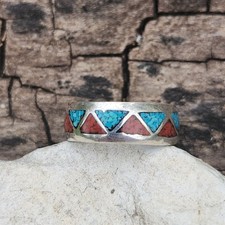 Navajo Chip Inlay Turquoise And Coral Band Ring Sz  7